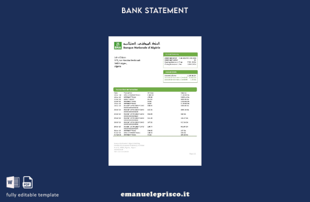 modello di estratto conto bancario Algeria Banque nationale d'Algérie (BNA) in s
